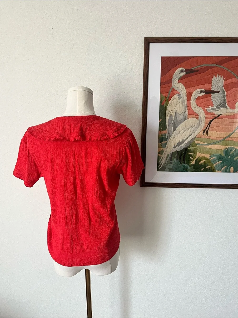 Free People 97% Cotton, Coral Short Sleeve Blouse with Peter Pan Collar